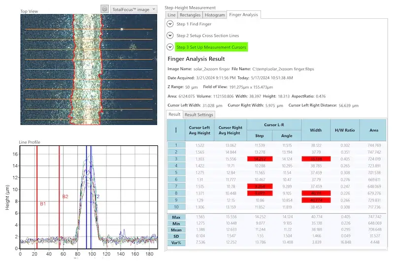 3D silver finger line measured by the Zeta-Solar with automatic analysis and pass/fail results.